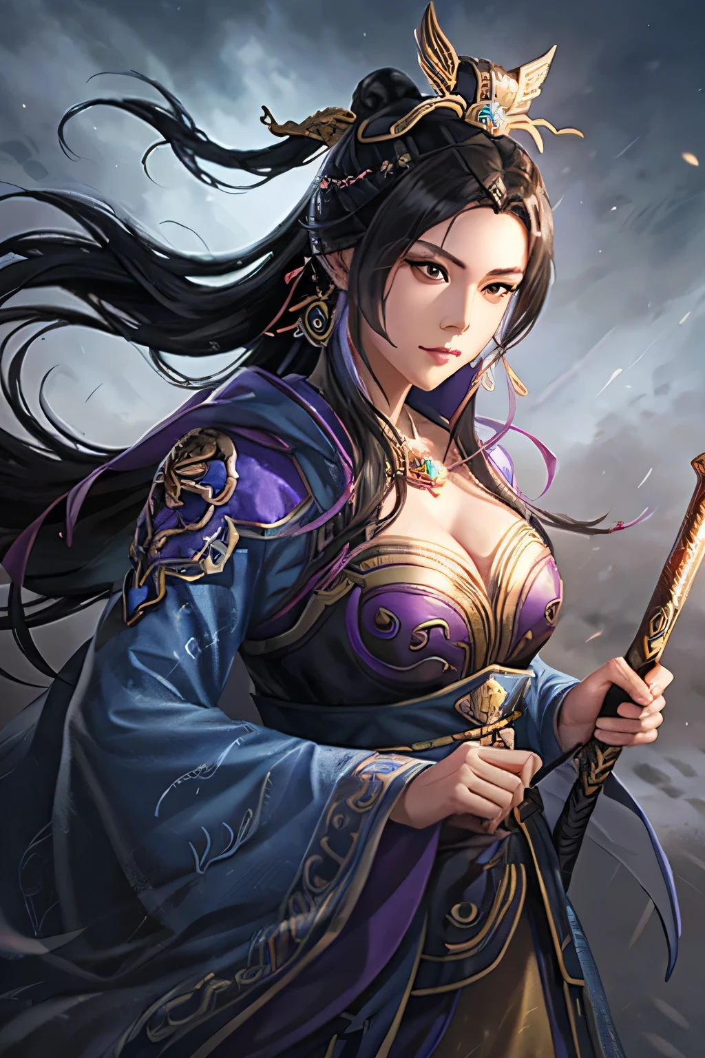 a close up of a woman in a dress holding a sword, by Yang J, Anime fantasy illustration, 2. 5 D CGI anime fantasy artwork, Chinese fantasy, xianxia fantasy, author：Fan Qi, Inspired by Lan Ying, trending digital fantasy art, Beautiful character painting, Fantasy art style, a beautiful fantasy empress, inspired by Wu Bin, Inspired by Ai Xuan