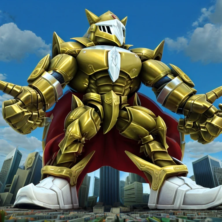 - Excalibur Sonic. solo. Golden Armor. The whole body is golden.
- masterpiece. official art. 8k. best quality. detailed full body. full body.
- no face. wearing a full-face helmet.

- large muscles,  big muscle, huge muscles,  massive muscles, bulk up.
- focus GIANT mechanical Muscular latex Muscle Suit is trampling the city. Looking down. macro. stomp. Low-angle perspective. emphasizing the immense size. He has long legs.
(Excalibur Sonic, golden armor, helmet, no face, holding sword, red cape, upturned and pointy shoes)