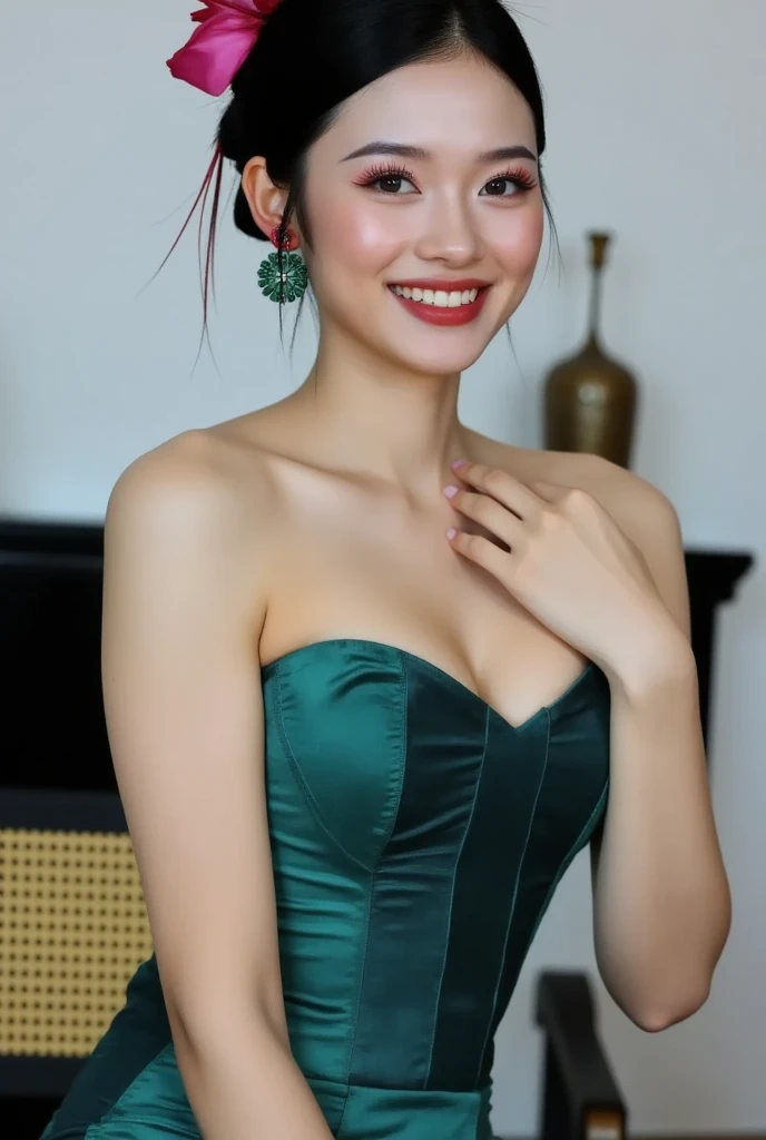 Beautiful Model, one-shoulder tight evening dress。Smile。teeth。Sitting。 skin details ，Photo poses，Healthy skin， high bun，Hairstyle，Exquisite jewelry，Natural Light。