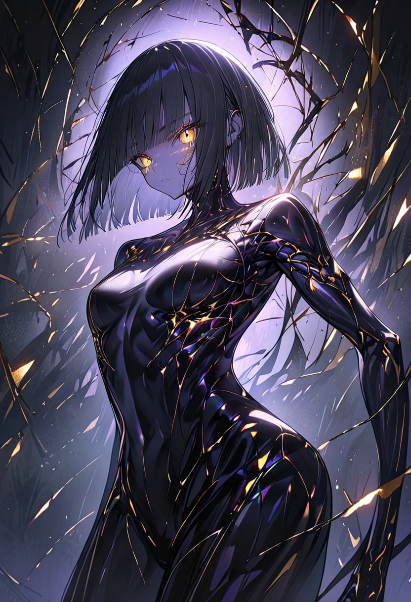 solo, female, sfw, Black hair, sleek and straight hair, chin-length bob cut, slightly tousled bangs framing her face, edges of her hair are subtly infused with metallic threads, shimmering hair, slit pupils, amber-gold iris, augmented eyes, Smooth skin, tan, faint silvery veins visible just beneath the surface of her skin, skin illuminated from within, Lean, athletic, long limbs, arachnid mechanical legs, confident stance, Eight slender mechanical legs jutting from behind her back, small glowing nodes scattered across her, cybernetic enhancements, medium shot