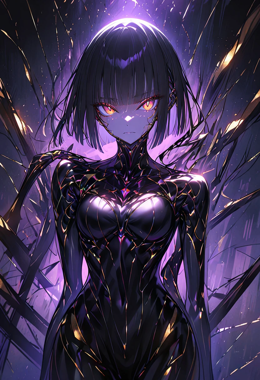 solo, female, sfw, Black hair, sleek and straight hair, chin-length bob cut, slightly tousled bangs framing her face, edges of her hair are subtly infused with metallic threads, shimmering hair, slit pupils, amber-gold iris, augmented eyes, Smooth skin, tan, faint silvery veins visible just beneath the surface of her skin, skin illuminated from within, Lean, athletic, long limbs, arachnid mechanical legs, confident stance, Eight slender mechanical legs jutting from behind her back, small glowing nodes scattered across her, cybernetic enhancements, medium shot