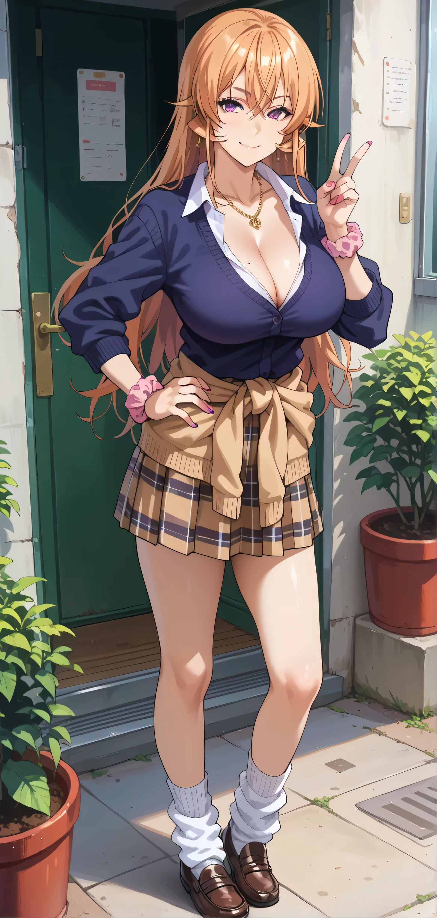 Close mouth, Mature female, fit girl, score_9, score_8_up, score_7_up, score_6_up, score_5_up, score_4_up, BREAK source_anime,1girl,erina nakiri, long hair, orange hair, hair between eyes,(purple eyes), detailed eyes,huge breasts, gyaru, 1girl, kogal, loose_socks, solo, jewelry, clothes_around_waist, breasts, wrist_scrunchie, sweater_around_waist, skirt, full_body, large_breasts, necklace, school_uniform, smile, looking_at_viewer, cleavage, scrunchie, socks, hand_on_hip, earrings, bracelet, shoes, loafers, v, nail_polish, sweater, black_skirt,