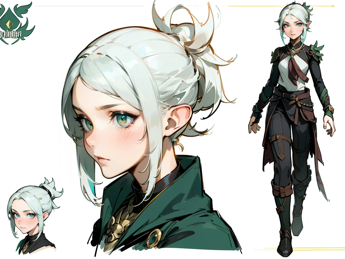 ((masterpiece)),(((best quality))),(character design sheet, same character, ), elven woman, ((side view:0.5)) anime girl, Gesture, character design. ((green eyes)). 1girl, solo, teenager, ((white hair)), ((green eyes)), pants, long sleeves, pointed ears. ((black clothes))
