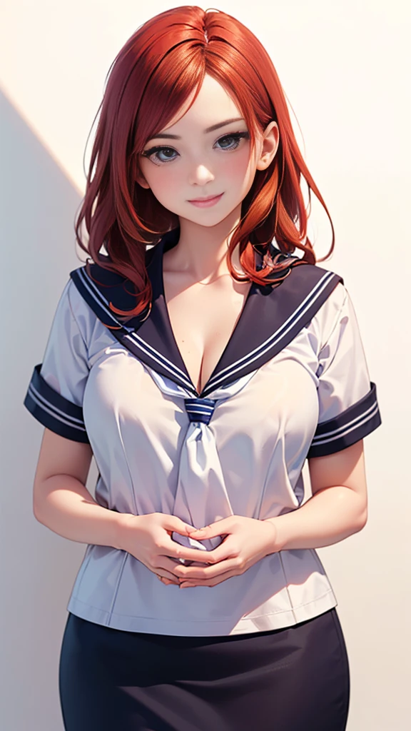 (highest quality, 8K, 32k, masterpiece, nffsw:1.2), (RAW photo), (realistic), (Photoreal:1.2), (High resolution), Super detailedな, very beautiful face and eyes, 1 girl,  round and small face, big breasts thin waist、(((small breasts)))、(((white wall background)))、slim proportions, (school uniform, sailor suit、(白いsailor suit, short pencil skirt:1.23), (bust shot)、(((redhead)))、((short sleeve sailor suit))、(Close-up、highest quality、high detail、Rich skin details、nffsw)、(highest quality, 8K,  table top:1.2), Super detailed, (realistic, realistic:1.37), (((full body shot)))、Bright colors, (((Hold your hands)))、(((sexy atmosphere)))、((( woman)))、((Bust isＤcup))、(((light brown hair)))、(((white background)))、(((cleavage)))、(((girly hairstyle)))、(((long hair)))、(((in front of a white wall)))、(((light brown hair)))、(((I put my hand on my cheek)))、(((he has an evil smile on his face)))、(((The girth of the chest is 85 cm)))、(((small breasts mischievous expression)))