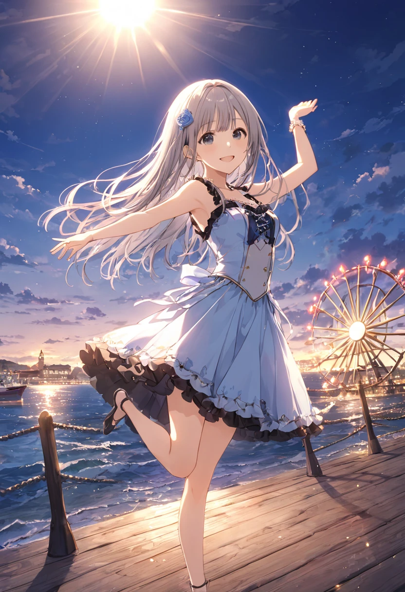 masterpiece、 best quality、 super detailed、 there is nothing、  very detailed CG、 Beautiful Idol Costumes 、 The Idolmaster Cinderella Girls、Serika Hakozaki 、最も美しいPierの夜景、  Blue Sky and White Clouds  、Pierの周辺を歩く姿、Beautiful Solo Girl 、Idol&#39;Smile、  silver-haired、  facing the ocean 、Long Hair、  silver-hairedの毛、Port town、Pier、Boat Lights 、Top Brands  、  wears colorful costumes 、 Glamorous、 Dazzling Sun Rays 、、 stretch 、Standing on tiptoes、 Sea view 