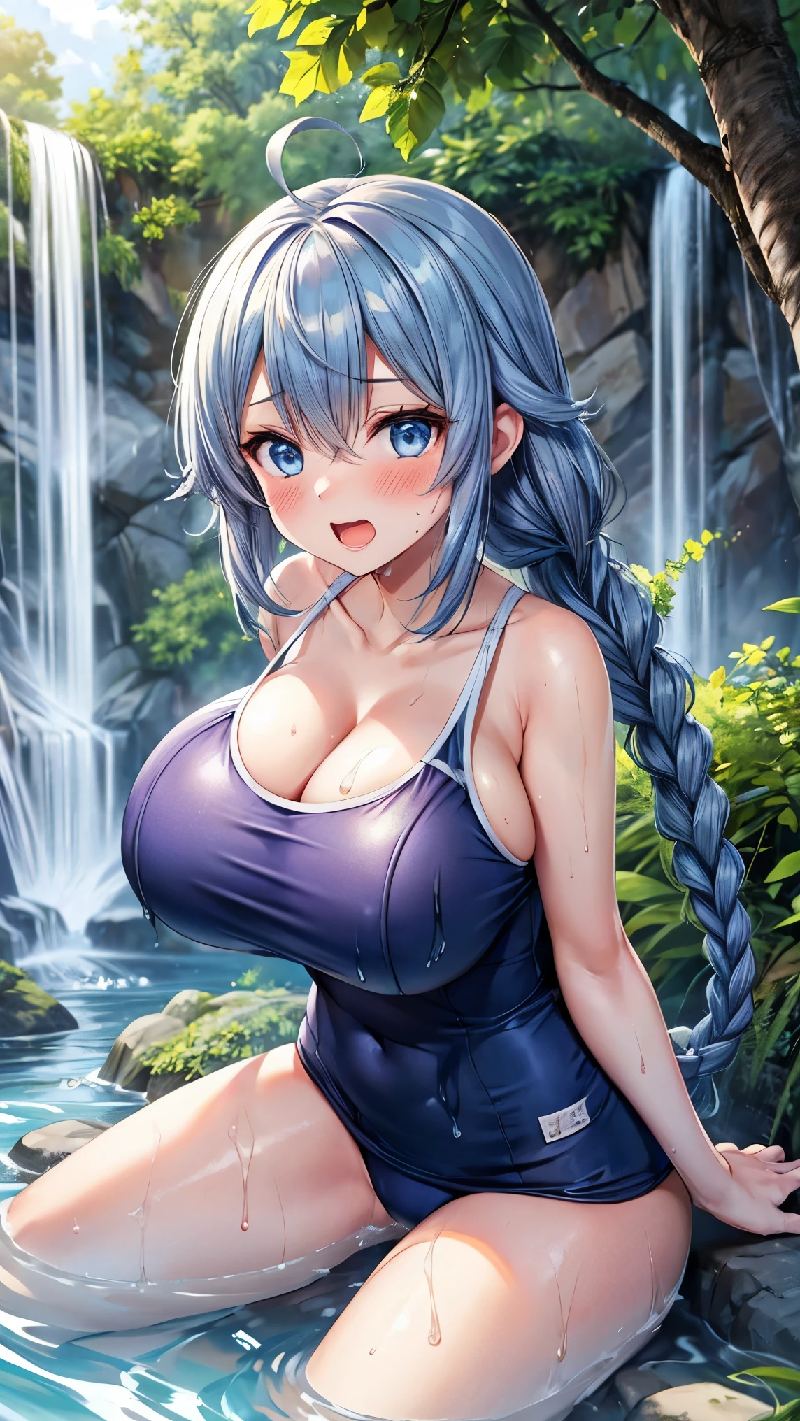 best quality,1girl,((big breasts,****:1.3)),orgasm,blush,sweat,steam,short eyebrows, upturned eyes, (roxy migurdia), blue eyes, blue hair, bangs, braid, (school swimsuit),barefoot,water,fantasy,wet,river,nature, outdoors, plant, tree, waterfall,