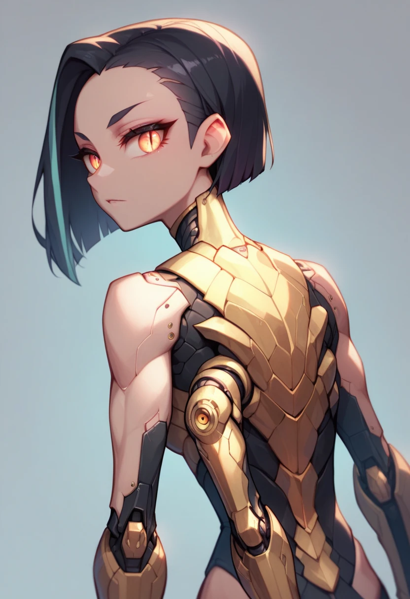 solo, female, sfw, Black hair, sleek and straight hair, chin-length bob cut, slightly tousled bangs framing her face, edges of her hair are subtly infused with metallic threads, shimmering hair, slit pupils, amber-gold iris, augmented eyes, Smooth skin, tan, faint silvery veins visible just beneath the surface of her skin, skin illuminated from within, Lean, athletic, long limbs, arachnid mechanical legs, confident stance, Eight slender mechanical legs jutting from behind her back, small glowing nodes scattered across her, cybernetic enhancements, medium shot