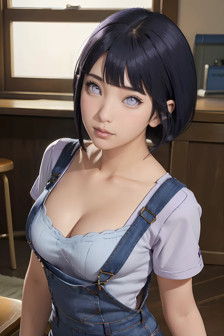 masterpiece， best quality， ultra-detailed， illustration，1girl，
， dark-blue hair， french braid， Purple eye， blunt bangs， cleavage,
shirt，（jeans overalls1.1），purple sweater
medium breasts， 
looking at viewer，hyuga/（Boruto/），Detailed lips