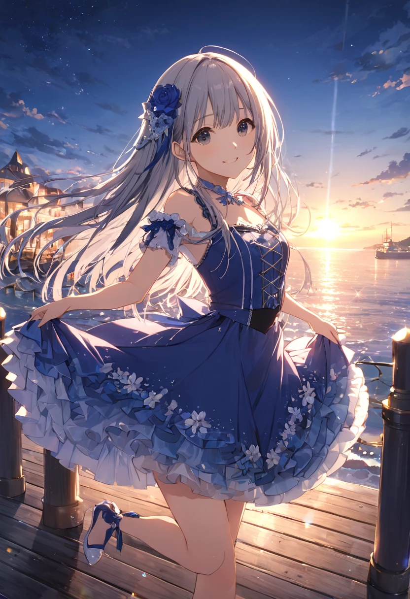 masterpiece、 best quality、 super detailed、 there is nothing、  very detailed CG、 Beautiful Idol Costumes 、 The Idolmaster Cinderella Girls、Serika Hakozaki 、最も美しいPierの夜景、  Blue Sky and White Clouds  、Pierの周辺を歩く姿、Beautiful Solo Girl 、Idol&#39;Smile、  silver-haired、  facing the ocean 、Long Hair、  silver-hairedの毛、Port town、Pier、Boat Lights 、Top Brands  、  wears colorful costumes 、 Glamorous、 Dazzling Sun Rays 、、 stretch 、Standing on tiptoes、 Sea view 