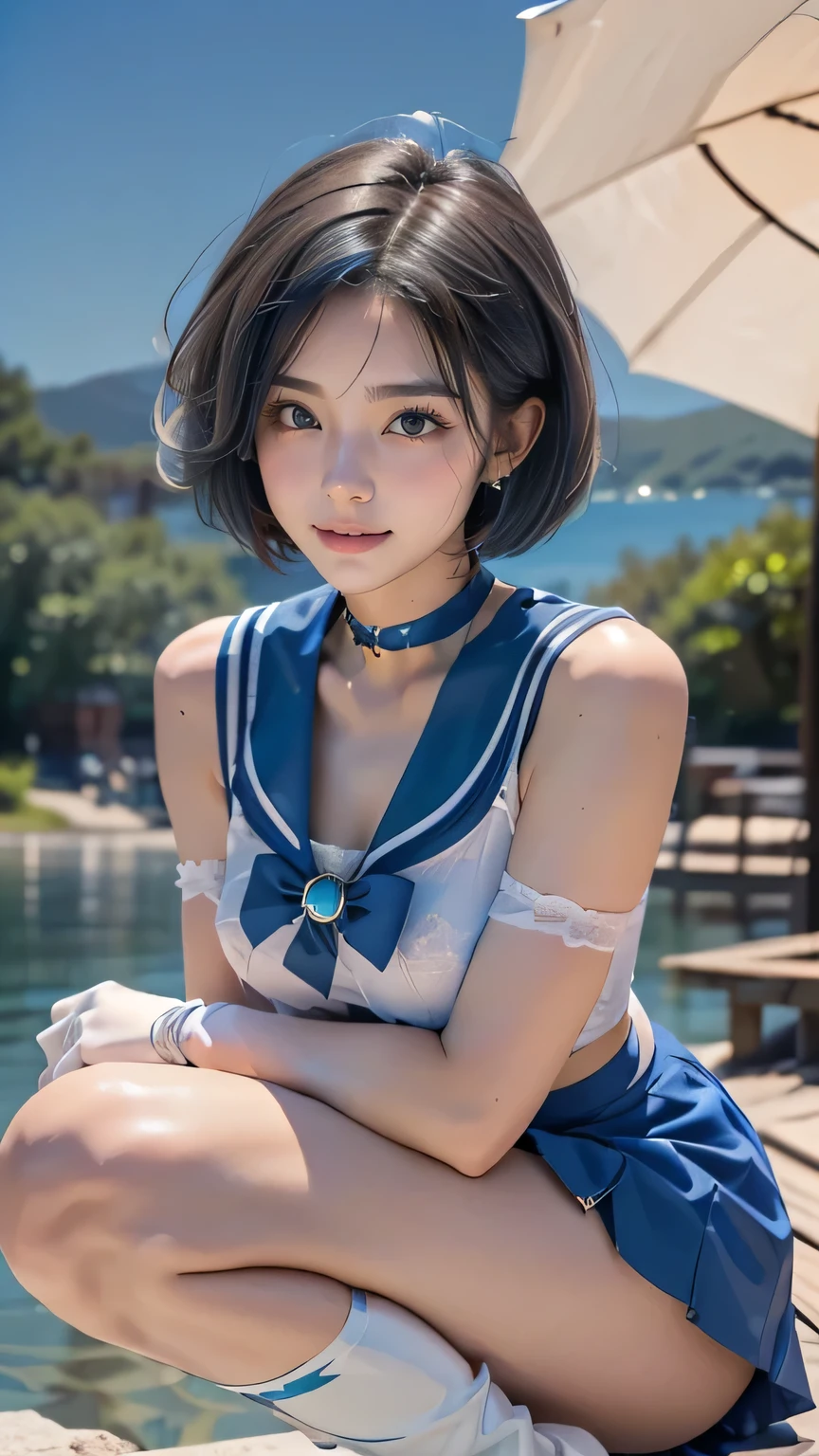 ((( best quality))), ((masterpiece)), ( Details), ((Alone)), (((((( Blue shorthair girl wearing Mercury warrior costume)))))), (((Slender body,:1.4, Big Breasts , big butt , slim thin waist , thick thighs , Fit for a Toned , Thin legs))),( camel toe ,Camel hoof), (( Glowing Skin , white skin, Glowing Skin )), Mysterious Light, (((( angle )))), ((( A girl with a well-groomed face ))), ((Big Eyes)), ((((((Droopy eyes)))))), (((( close your eyes )))), (( at random angles )), (((( accurate anatomy )))), Completely-valid , eyeshadow, Earrings with Cups , Necklaces , ((( dynamic pose ))),((( blue hair, tiara , sailor warrior uniform , Blue Sailor Color , bow, Knee High Boots , choker, white gloves, blue choker, elbow gloves, jewelry, Earrings with Cups , blue skirt ))),(( random sexy poses )), sailor mercury isolated on white background, blue eyes, sailor warrior uniform , crouching with knees bent,((((White underwear is visible)))),Squatting Cowgirl Position,sex, straight, girl on top,((((Moon-visible lake background)))),