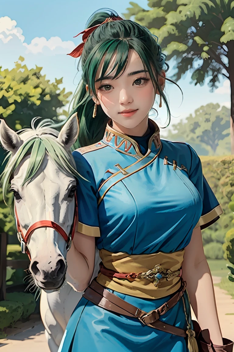 (masterpiece, best quality),  intricate details,
1girl,   lyn_(fire_emblem), 1girl, solo, ((green hair)), long hair, green eyes, high ponytail, blue dress, large breast, jewelry, fingerless gloves. hair ornament, lyn_(fire_emblem),
shooting range, she is holding an arrow, bows behind her back, white horse beside her, 