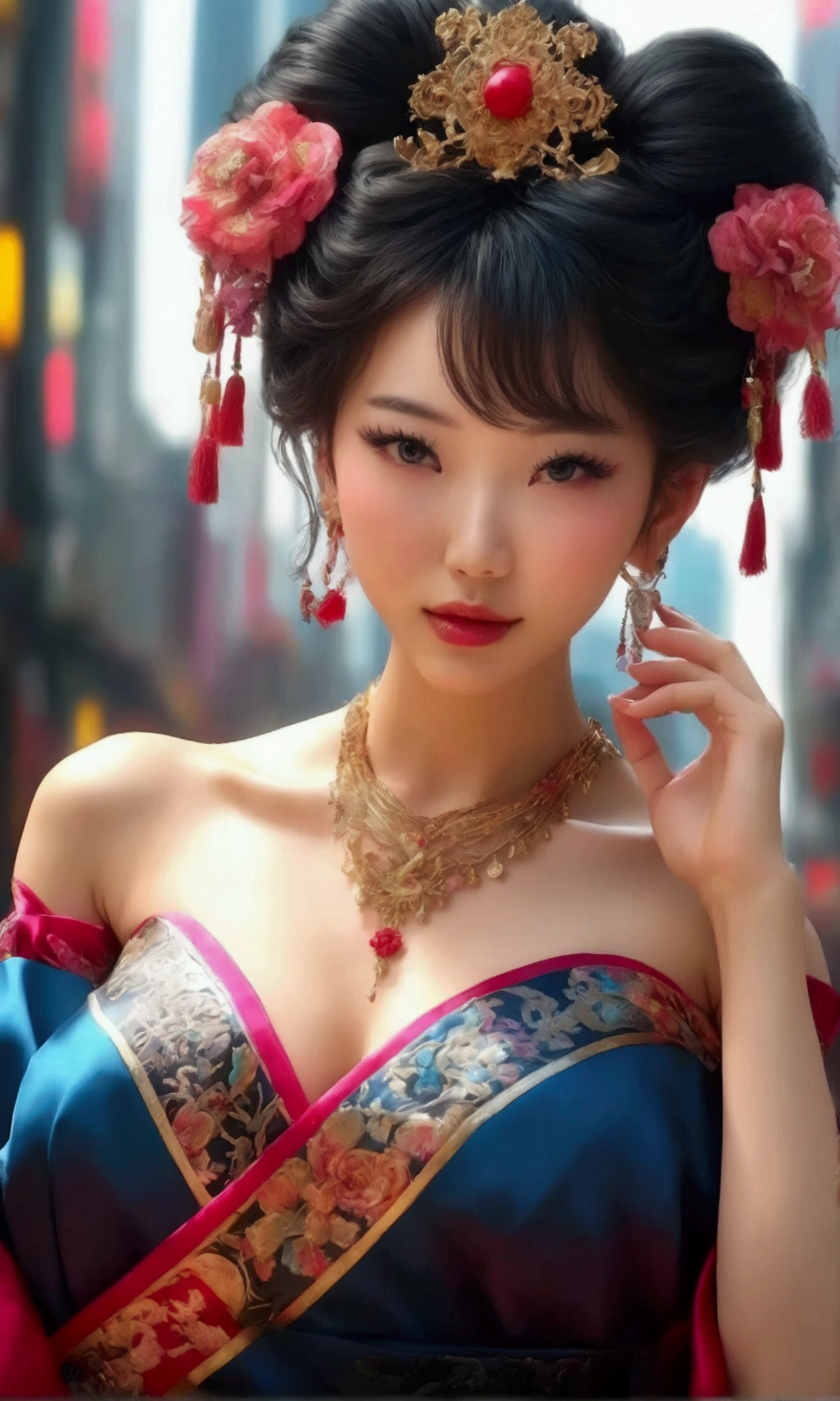 a magical girl, cute woman, age 40, breast exposed, intricate chinese robe, fancy chinese hairstyle, casting action pose, ball of energy, downtown tokyo, (best quality,4k,8k,highres,masterpiece:1.2),ultra-detailed,(realistic,photorealistic,photo-realistic:1.37),detailed portrait, extremely detailed face and eyes, beautiful detailed lips, longeyelashes, realistic lighting, cinematic atmosphere, intricate details, vivid colors, dramatic composition, viewed from a low angle, show all of her