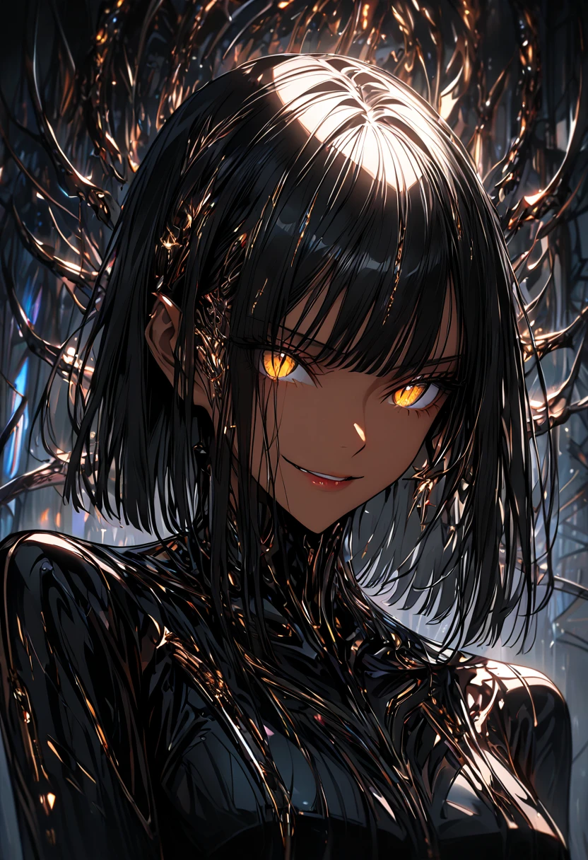 solo, female, close up, Black hair, sleek and straight hair, chin-length bob cut, slightly tousled bangs framing her face, hair infused with metallic threads, shimmering hair, slit pupils, amber-gold iris, augmented eyes, Smooth skin, tan, faint silvery veins visible just beneath the surface of her skin, skin illuminated from within, Lean, athletic, long limbs, additional arachnid mechanical, confident stance, slender mechanical legs, small glowing nodes scattered across her body, cybernetic enhancements, medium shot, pinup pose, workshop, dark, futuristic, smirk