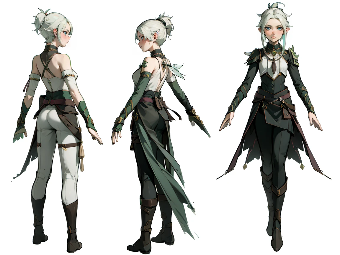 ((masterpiece)),(((best quality))),(character design sheet, same character, ), elven woman, ((side view:0.5)) anime girl, Gesture, character design. ((green eyes)). 1girl, solo, teenager, ((white hair)), ((green eyes)), pants, long sleeves, pointed ears. ((black clothes))
