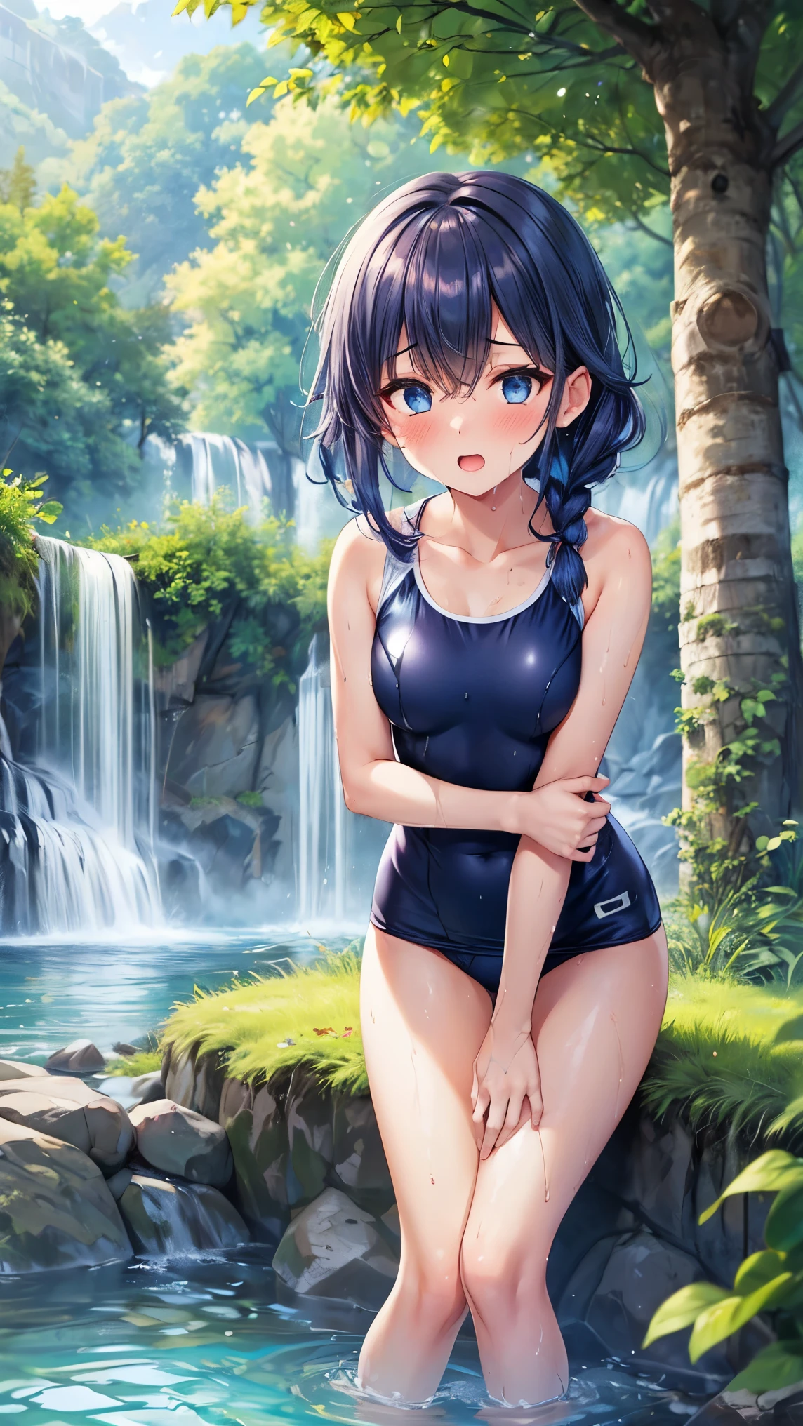 杰作级别的，最高画质，小萝莉，，(school swimsuit:1.3),slipper，双马尾,sitting on ground,beach,全身，((萌态十足,cute))，性感，蓝色长发，大胸部,超透视，，,,((textured skin, anatomically correct, masterpiece, UHD, ccurate, high details, super detail, high quality, best quality, highres, 1080P)),outdoors,(，皮肤光泽，皮肤质量,full body:1.6)(14 years old:1.3), (Loli), (Fair Skin, (Beautiful Girl: 1.5), (Skin Quality: 1.5), (Glossy Skin,glowing pupils: 1.3), (Beautiful Girl), (Superb Body), Short Hair, (Straight Hair), ((rose Hair)), Hair with Beautiful Details,柔和光，
