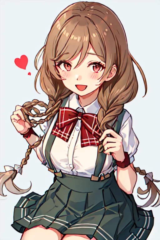  best quality, masterpiece,  high definition , Alone, {Drowsiness_ kantaicolection :1.15}, length_hair, twin_ braided s,  braided , Light_brown_hair, red_eye, chest, brown_eye,  gradient _hair, multicolored_hair, , open_mouth, bow, bowtie, red_bow, smile, red_bowtie, big_chest,  1 girl, :d, 前hair, collared_ shirt, head_, Watching_in_ viewer, Check pattern,  shirt, short_sleeve,  suspenderss, white_ shirt, arm_warmers, brown_hair, hair_between_eye, Check pattern_bow, pleined_ skirt,  skirt,  suspenders_ skirt, twintails, very_length_hair, green_ skirt, gray_ skirt, hand_up, heart, own_hand_together, handのひら_together, ふくらんinいる_short_sleeve, Simple_background, white_background