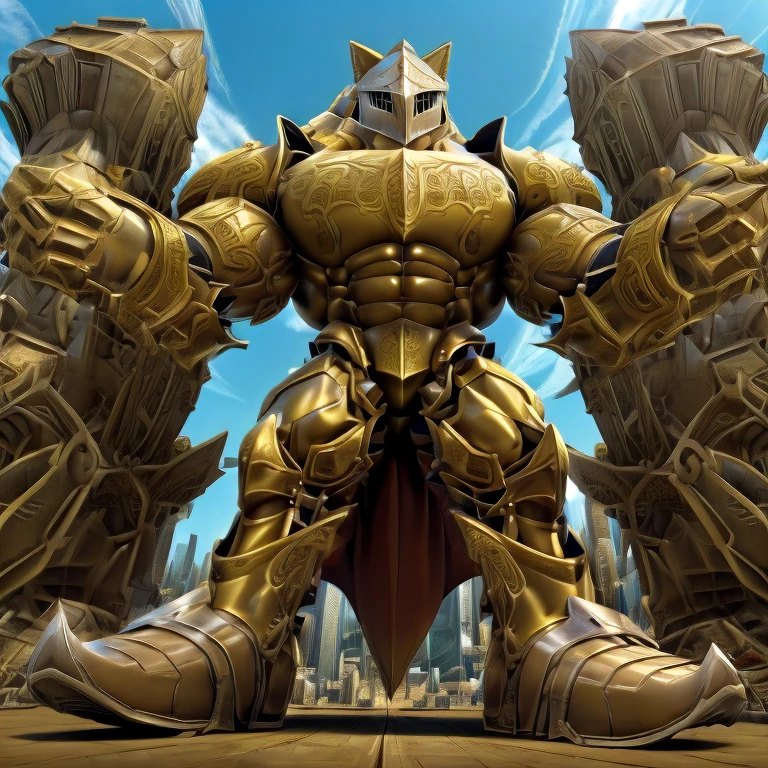 - Excalibur Sonic. solo. Golden Armor. The whole body is golden.
- masterpiece. official art. 8k. best quality. detailed full body. full body.
- no face. wearing a full-face helmet.

- large muscles,  big muscle, huge muscles,  massive muscles, bulk up.
- focus GIANT mechanical Muscular latex Muscle Suit is trampling the city. Looking down. macro. stomp. Low-angle perspective. emphasizing the immense size. He has long legs.
(Excalibur Sonic, golden armor, helmet, no face, holding sword, red cape, upturned and pointy shoes)