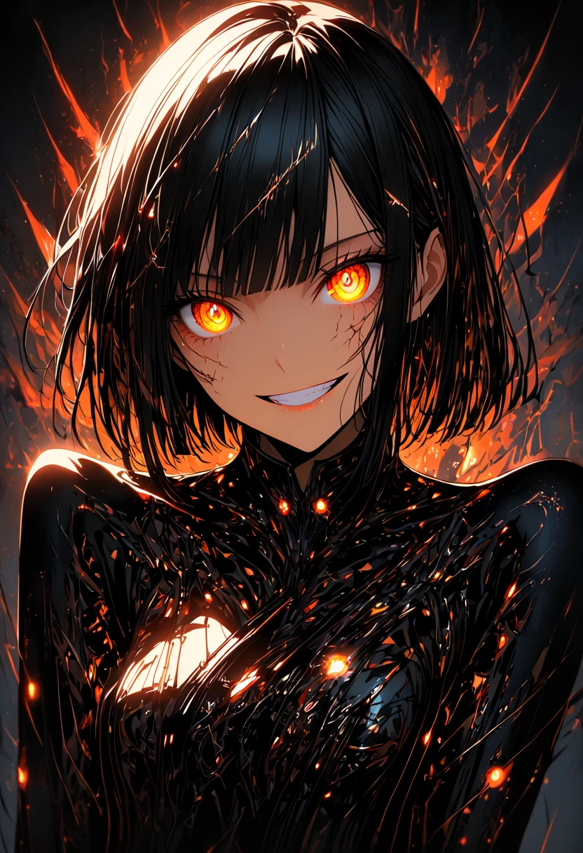 Alone, woman, close, Black Hair, Stylish and straight hair, Chin-length bob cut, Slightly messy bangs framing the face, Metallic thread injected hair, Sparkling Hair, Elongated pupils, Amber Iris, Expanded Eyes, Smooth Skin, Sunburn, Faint silver veins are visible just below the surface of her skin., Illuminated from Within, Tilt, Athletic ability, Long limbs, Additional Arachnid Machines, confident sSunburnce, Thin mechanical legs, There are tiny glowing dots scattered all over her body., Cybernetic Enhancements, Mid Shot, Pinup Pose, [Workshop, dark, Futuristic, Grin