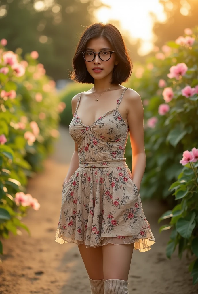 Here's a high-quality prompt for a masterpiece image: A majestic solo female figure stands tall (1.3) in the morning sunlight (1.2) amidst a serene flower park backdrop (1.2). The subject, dressed in an elegant flower patern dress and matching socks, dons stylish glasses and exudes confidence with her striking black hair and piercing gaze (looking at viewer: 1.4). Her flawless face is adorned with a subtle black eye makeup, adding to the overall allure. As she poses (standing: 1.3), the iridescent lighting creates an otherworldly ambiance, while cinematic shadows add depth to the scene. Capture this breathtaking moment in 8K UHD (RAW photo) using a DSLR camera and apply a realistic LUT or cinematic LUT to accentuate the stunning visuals.