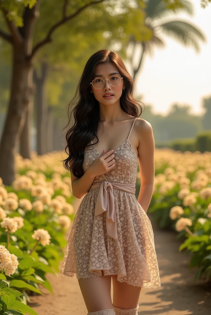 Here's a high-quality prompt for a masterpiece image: A majestic solo female figure stands tall (1.3) in the morning sunlight (1.2) amidst a serene flower park backdrop (1.2). The subject, dressed in an elegant flower patern dress and matching socks, dons stylish glasses and exudes confidence with her striking black hair and piercing gaze (looking at viewer: 1.4). Her flawless face is adorned with a subtle black eye makeup, adding to the overall allure. As she poses (standing: 1.3), the iridescent lighting creates an otherworldly ambiance, while cinematic shadows add depth to the scene. Capture this breathtaking moment in 8K UHD (RAW photo) using a DSLR camera and apply a realistic LUT or cinematic LUT to accentuate the stunning visuals.