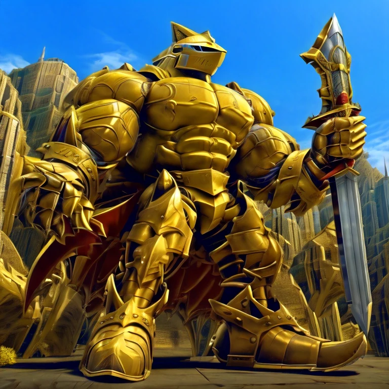 - Excalibur Sonic. solo. Golden Armor. The whole body is golden.
- masterpiece. official art. 8k. best quality. detailed full body. full body.
- no face. wearing a full-face helmet.

- large muscles,  big muscle, huge muscles,  massive muscles, bulk up.
- focus GIANT mechanical Muscular latex Muscle Suit is trampling the city. Looking down. macro. stomp. Low-angle perspective. emphasizing the immense size. He has long legs.
(Excalibur Sonic, golden armor, helmet, no face, holding sword, red cape, upturned and pointy shoes)