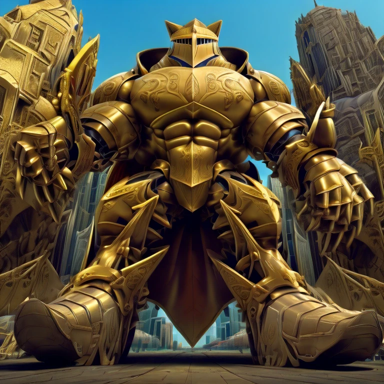 - Excalibur Sonic. solo. Golden Armor. The whole body is golden.
- masterpiece. official art. 8k. best quality. detailed full body. full body.
- no face. wearing a full-face helmet.

- large muscles,  big muscle, huge muscles,  massive muscles, bulk up.
- focus GIANT mechanical Muscular latex Muscle Suit is trampling the city. Looking down. macro. stomp. Low-angle perspective. emphasizing the immense size. He has long legs.
(Excalibur Sonic, golden armor, helmet, no face, holding sword, red cape, upturned and pointy shoes)