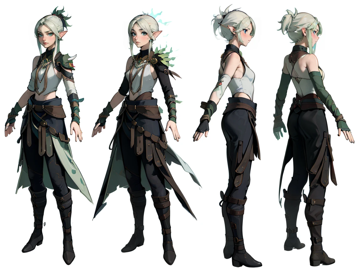 ((masterpiece)),(((best quality))),(character design sheet, same character, ), elven woman, ((side view:0.5)) anime girl, Gesture, character design. ((green eyes)). 1girl, solo, teenager, ((white hair)), ((green eyes)), pants, long sleeves, pointed ears. ((black clothes))
