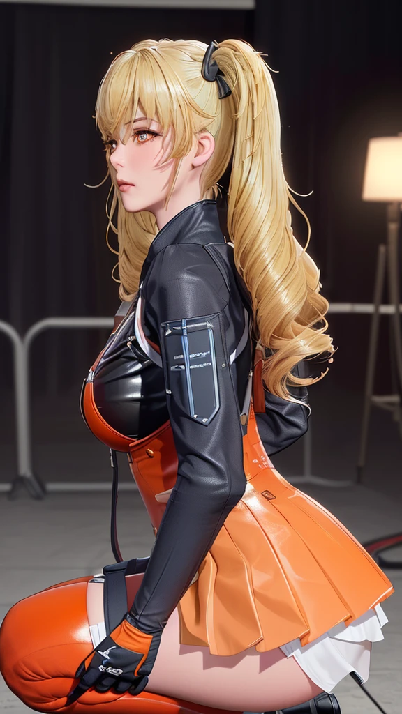 (（（figure，御姐figure,White and tender skin,（（（FenNib , long_sleeves_skirt, red_single_thighhigh, thigh_holster, elbow_gloves, strap, ）））,(（（twintails, Blonde_hair, orange_eyes,））),，((masterpiece)), highres icon,((Best quality at best)),masterpiece,quality,Best quality,(（（  looking at the audience， is open to the audience,Light in the eyes， blush，shy）））， huge , squat ，From the side，Chiaroscuro, depth of field, cinematic lighting, motion blur, ray tracing, reflection light, drop shadow, speed lines）））