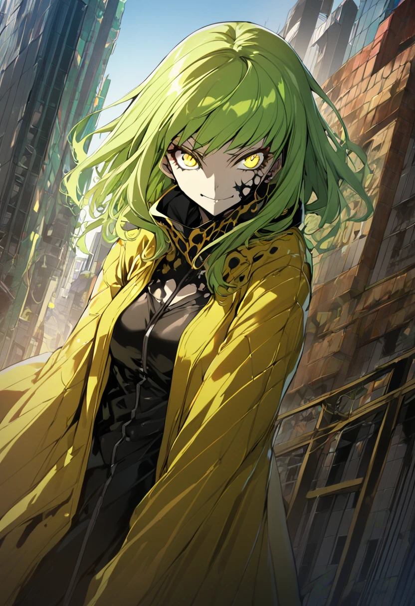 1 girl, yellow symbiote with red details, beautiful girl, large breasted, gold eyes, green haired, top of a building, natta, cruel smile