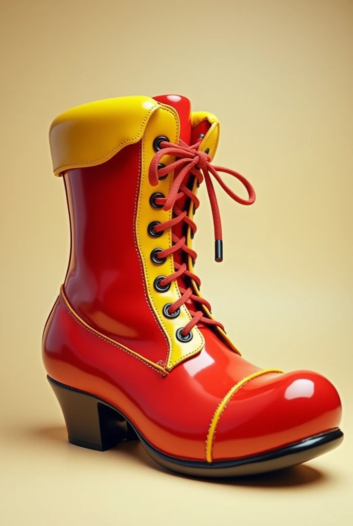 A red clown shoe with yellow details a large shoe