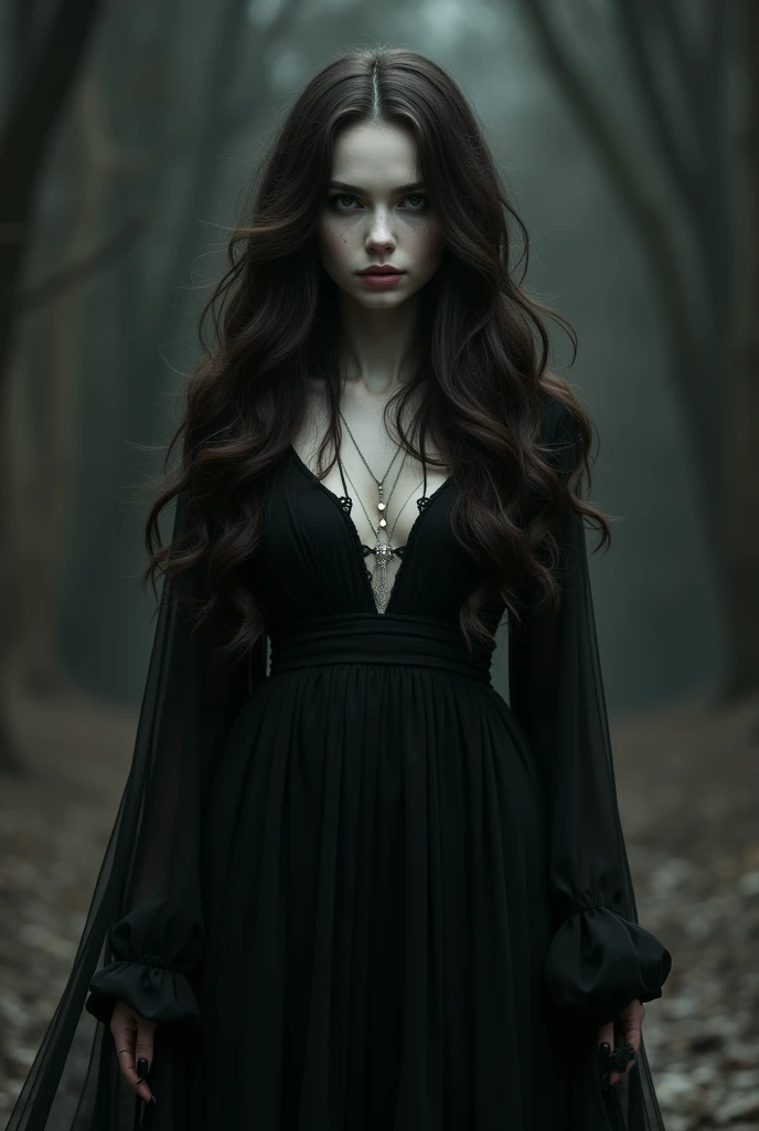 a beautiful woman in a dark forest, she's a witch, 25 years old, skinny but attractive, half naked, a luring gaze, dark, she is creepy, she is scary, full body, evil eyes, eyes glowing, she is up to no good, (she is wearing a very dirty old torn_red_dress), fall weather, dusk