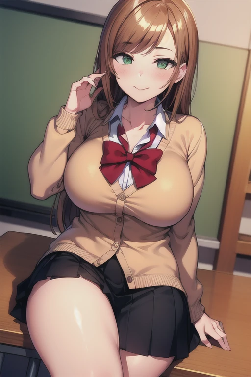 (masterpiece:1.0),(best_quality:1.0),ultra high res,absurdres,ultra-detailed,classroom,cowboy shot,smile, 
sitting, 
Minako-Sanada, 1girl,Alone,long hair,large breasts,green eyes,, skirt, Cardigan,red bow,Thighs and slim breasts are normal