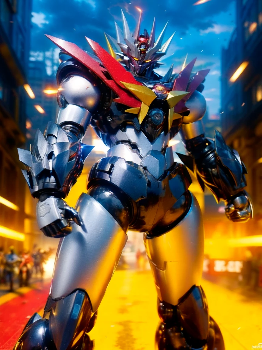 Humanoid Mecha, Fully enclosed shoulder guards, Matching arm and leg guards, whole body, Full Armor, Super Robot, A design that combines solidity and agility, (The color scheme is mainly white.、Comes with red and blue accents。, the concept Inspired by Super Robot, Lion concept chest armor, Pose, Standing, Floating above a futuristic sci-fi city), Exquisite and mature art style, (Aura effect, Energy, Glowing Eyes, The armor shines), ((ＳＲＳ)), metallic,Glowing Eyes　 dramatic, High resolution, Best Quality, High resolution, Very detailed, Ultra-fine painting, Very delicate, professional,  perfect body professional potions, Anatomically correct, Symmetrical face, Very detailed目と顔, High quality eyes, creativity, RAW Photos, 超High resolution, 32K, Natural Light, Cinema Lighting, masterpiece-anatomy-perfect, masterpiece:1.5　Glowing Eyes