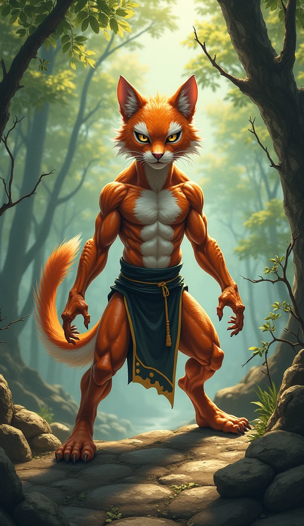Watermelon Red Dragon Wolf Hybrid, White stomach, ojos naranjas, muscular, con el pelo recogido en trenzas, and a tunic that reaches to his knees.