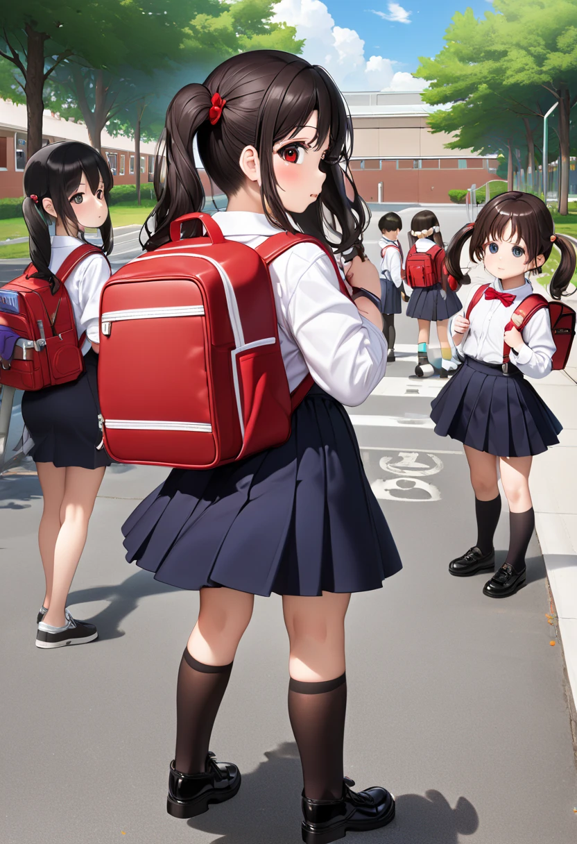 masterpiece, (((Lori,  elementary school students,  red backpack))), (( black hair,  twin tails)), Busty, Big Ass, Bimbo, whole body, School route, Kinky Clothes , tore