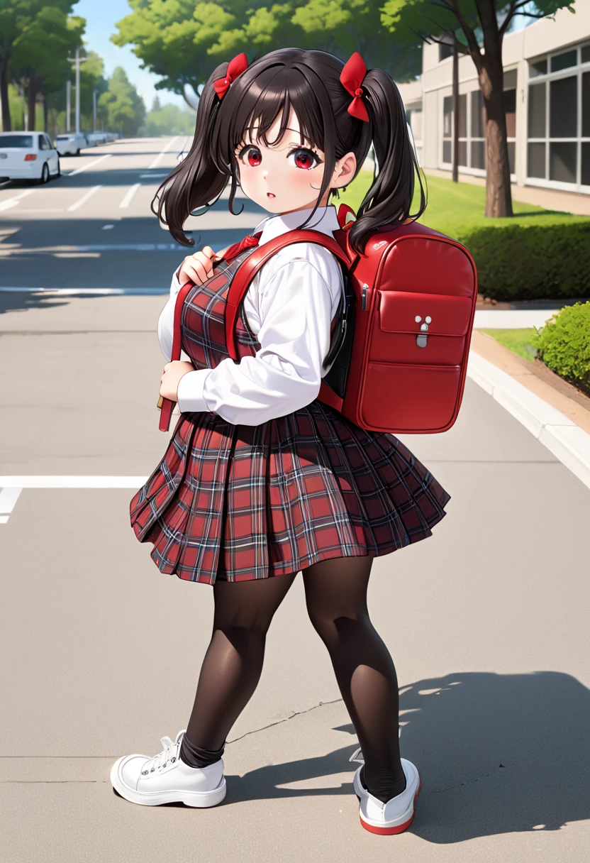 masterpiece, (((Lori,  elementary school students,  red backpack))), (( black hair,  twin tails)), Busty, Big Ass, Bimbo, whole body, School route,  kinky clothes, Rebis-style pattern 