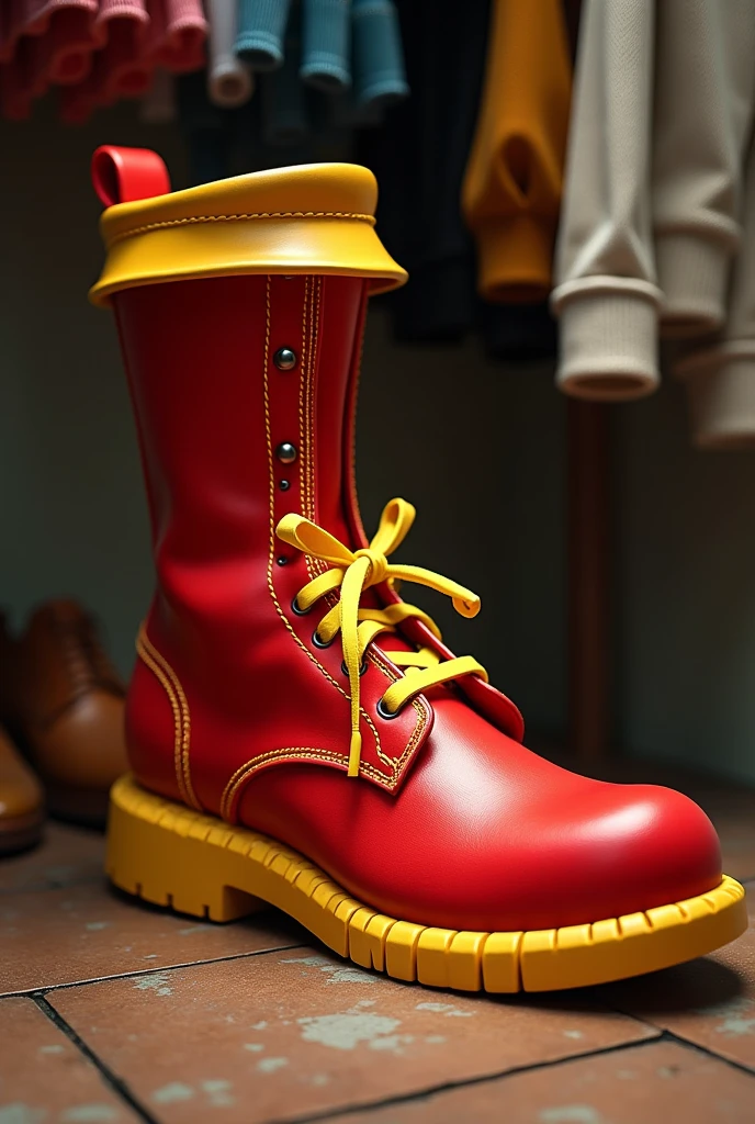 A red clown shoe with yellow details a large shoe o sapato no armário