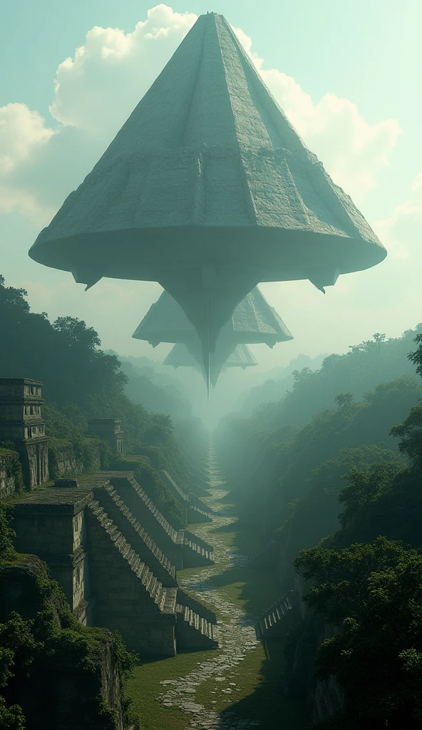  triangular-shaped alien ships, flying over the ruins of Tikal .