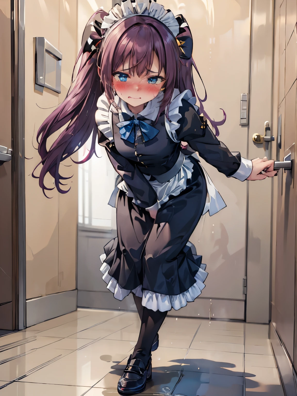 (8K, ultra-detailed, best quality, anatomically perfect body:2), (middle breast:1.2), shiny skin, (1 girl), (have to pee), (urge to pee), (very desperate to pee), (girl rushing to the restroom in a hurry:1.8), (Standing on tiptoe:1.4), (fidget:2), (transparent peeing, wetting self:0.1), (pee puddles), (Victorian maid:1.3), (mary Jane shoes:1.3), Untidy hair, (leaning backward:1.3), (shrugs:1.6), (orgasm:1.1), (full face blush:1.7), (embarrassment:1.6), (impatience:1.7), (flustered:1.5), (flowing sweat:0.7), (twist whole body:1.6), (panting), breathless, (Humiliation), (Erotic feelings), (closed eyes:0.9), (looking down), (tear:1.4), (head tilt:1.2), (wavy mouth:0.7), from below, (SIGMA 105 mm F/2.8, 1/100 sec shutter, award-winning), nsfw,