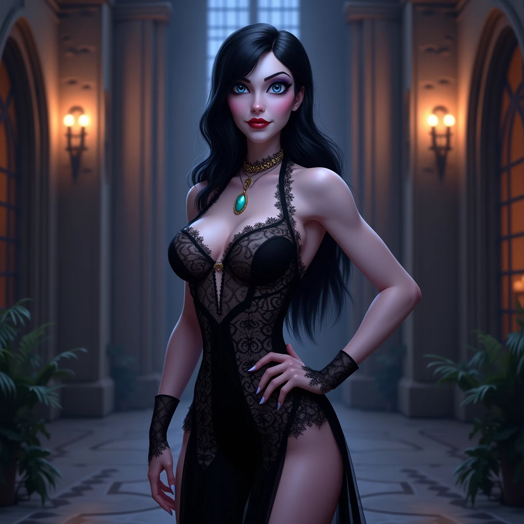 3d, 3d render,<lora:add-detail-xl:1.5>,erotic grimdark, a highly detailed painting of a woman in a black dress, perfect face, fantasy background, (by Brom) 3d, 3d render,