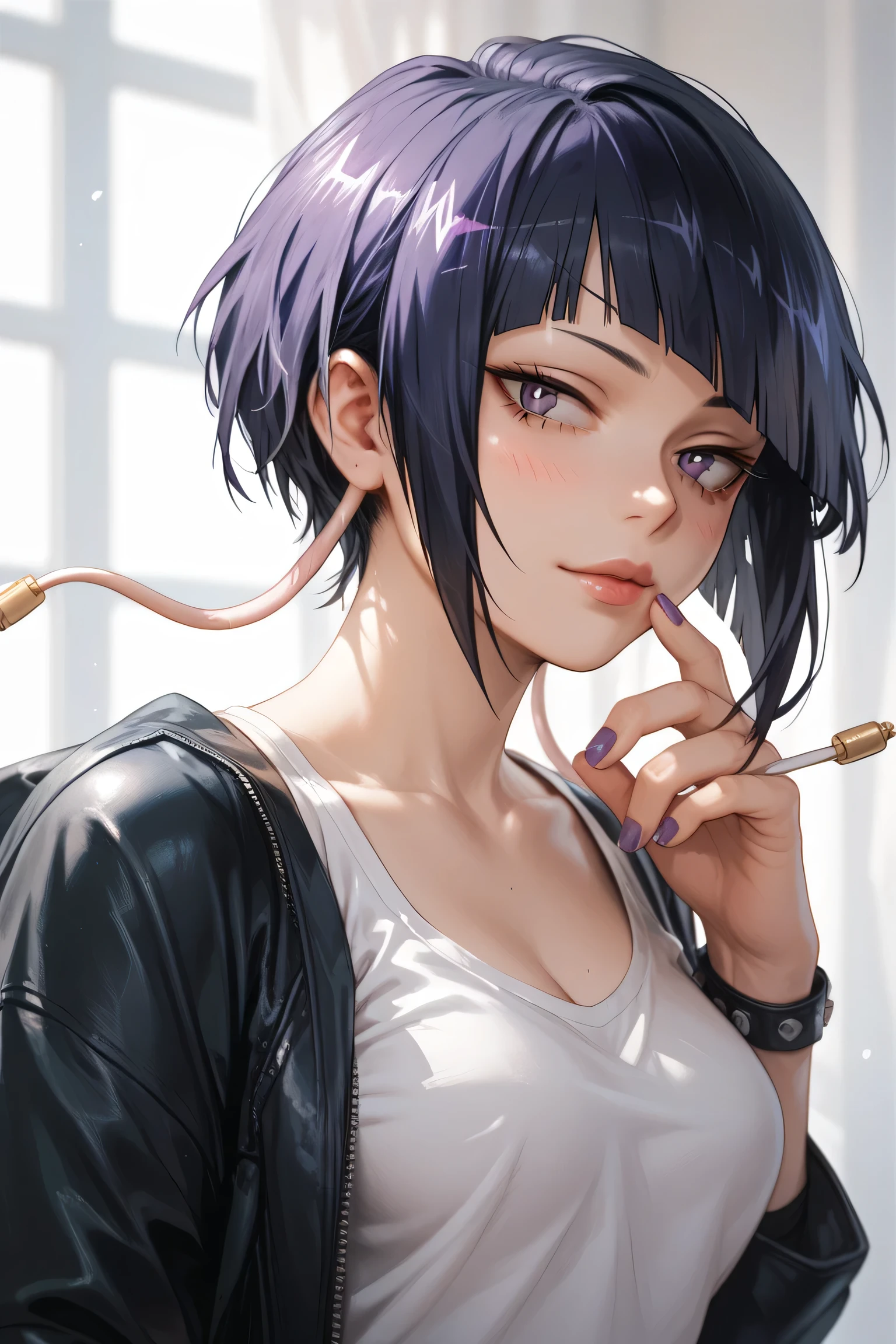 girl with purple hair smoking a cigarette, 2 d anime style, semirealistic anime style, anime realism style, anime style portrait, realistic anime artstyle, in an anime style, anime artstyle, in anime style, kuvshinov