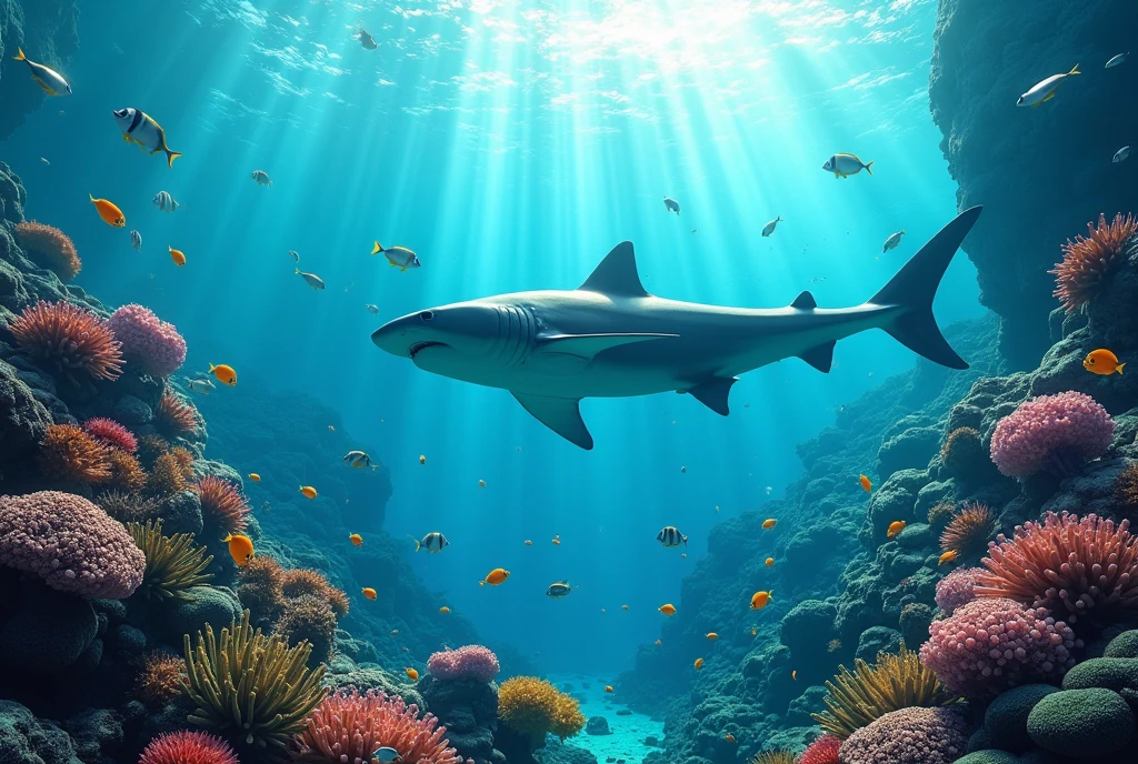 detailed underwater world, coral reef, colorful tropical fish, shark, beautiful seascape, crystal clear water, dynamic ocean environment, sunlight filtering through water, vibrant marine life, photorealistic, cinematic lighting, hyper detailed, vibrant colors, 8k, high resolution, masterpiece