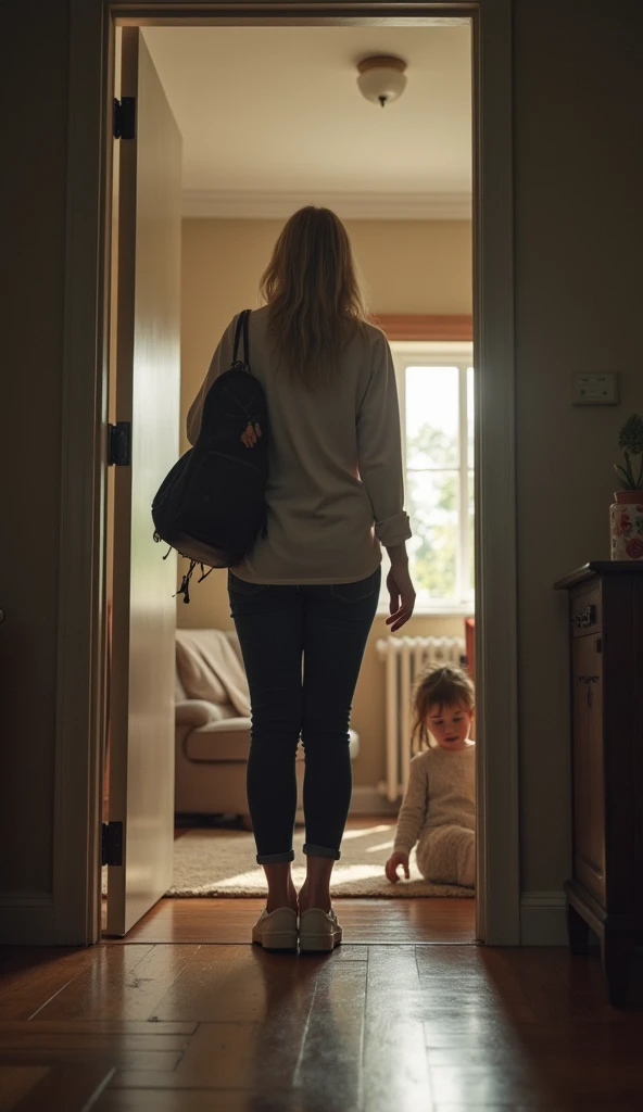 A cute 5-year-old blonde girl sits on an antique bench and her mother watches him from afar from the window. 