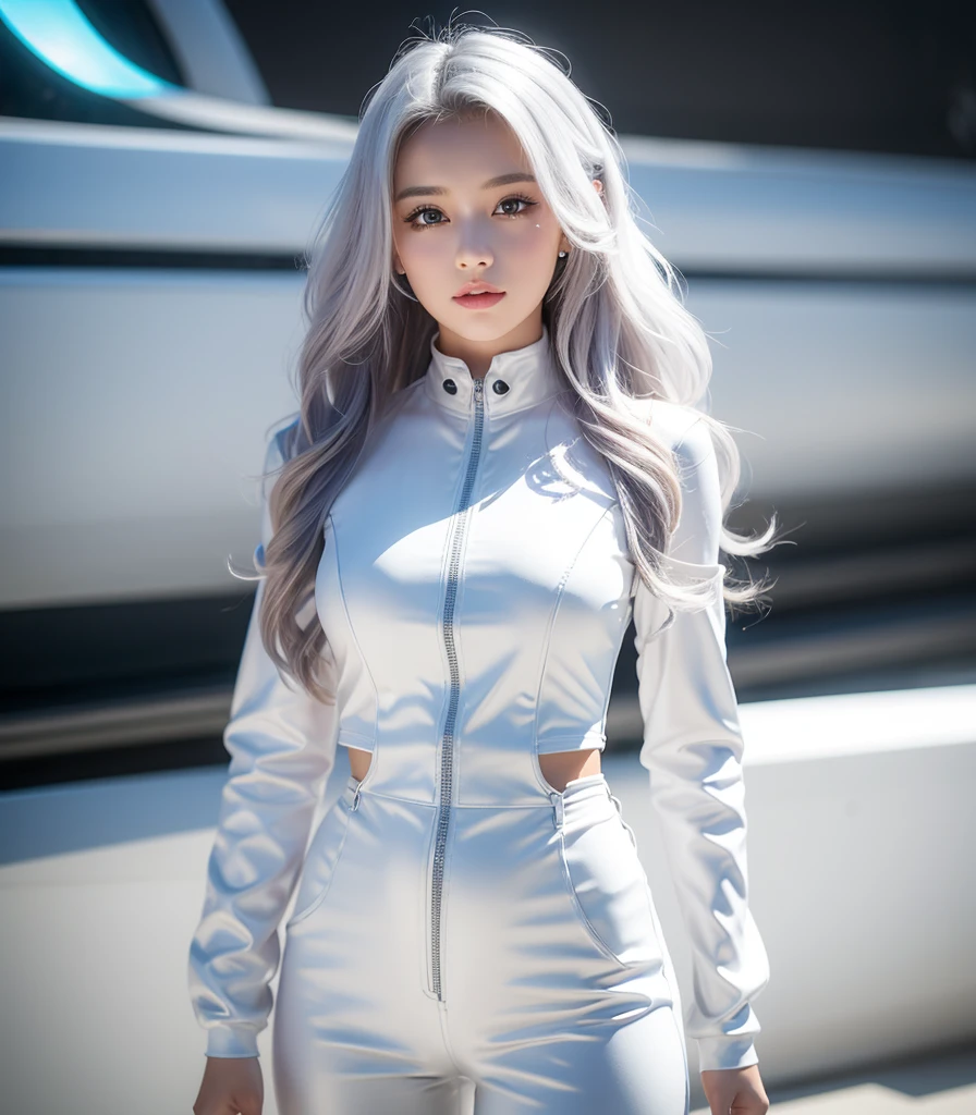 blue eyes, silver braided hair with feathers, girl with blue eyes, stunning face portrait, blue glowing eyes, white skin and reflective eyes, crystal blue eyes, pale white skin, korean, riding sports bike, sports bike_yamaha R1, motorcycle gear_white, white motorcycle gear, white & gold sports bike_yamaha R1.