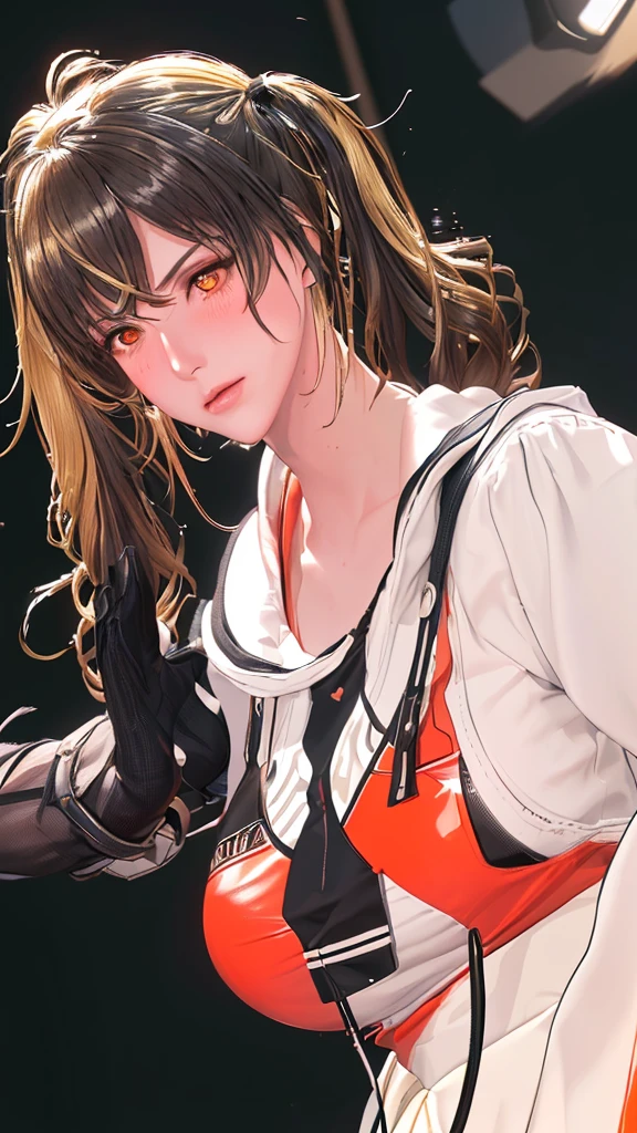 (（（figure，御姐figure,White and tender skin,（（（FenNib , long_sleeves_skirt, red_single_thighhigh, thigh_holster, elbow_gloves, strap, ）））,(（（twintails, Blonde_hair, orange_eyes,））),，((masterpiece)), highres icon,((Best quality at best)),masterpiece,quality,Best quality,(（（  looking at the audience， is open to the audience,Light in the eyes， blush，shy）））， huge ,Chiaroscuro, depth of field, cinematic lighting, motion blur, ray tracing, reflection light, drop shadow, speed lines）））