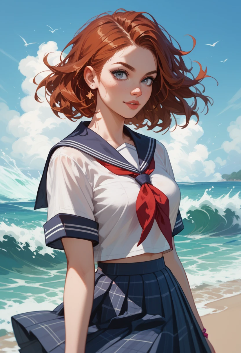 Long auburn hair with beachy waves School Uniform