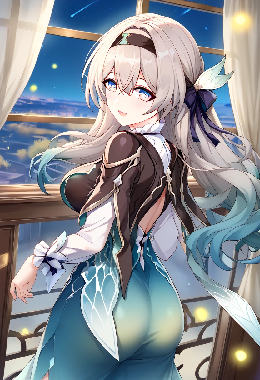 1girl, firefly,honkai star rail,solo, milf,long hair, breasts, looking at viewer, blush, smile, open mouth, blue eyes, Glamorous, erotic, mature, hair ornament, hair between eyes, white hair, grey hair, hair ribbon, ponytail, sidelocks, hair bow, indoors, looking back, window, gradient hair, hair intakes, black hairband, curtains, Tight long dresses,bere shoulder,