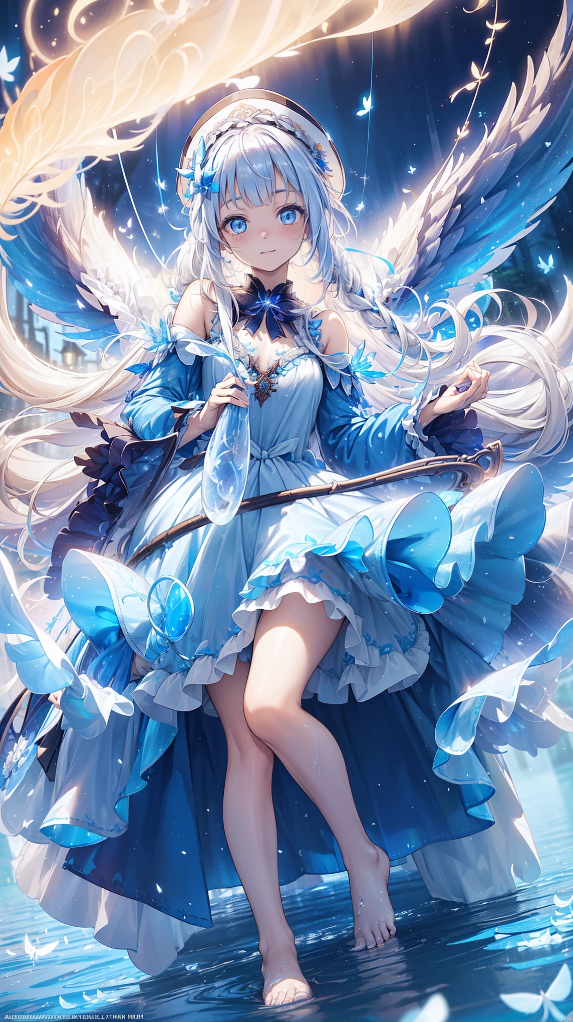 a girl , The Most Beautiful Woman in the World , Side seated , White hair, Long Bian , White hair, blue eyes , ((( Barefoot in the water , Lightly dressed ta,Small hat, The dress has moving streamers ) )), Deep Magical Forest , Growing Neon Flowers and Fireflies , Colorful flowers and leaves , { Extremely Detailed 16k CG Unit Wallpaper}, Wide-ranging landscape photography, ( The focus is on characters and scenes ), ( wide field of view ), (Low Angle Shot), (emphasize: 1.2), (Low Light: 1.7), ( Warm light source: 1.2), Complex details , ( iridescent color : 1.5), ( brightly illuminate ), (Ambient lighting ),Butterfly,Phantom Animals , Soul Animals