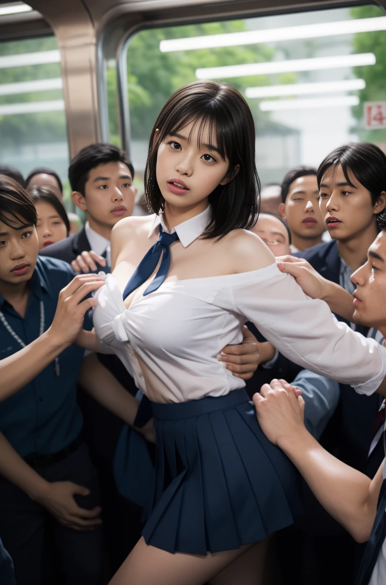 One Japanese woman、2、(crowded train)、(A large group of men and women:1.5)、(A woman massages her breasts:1.5), (masterpiece, Highest quality), ((Looking into the camera))、(((Light brown hair)))、((Navy blue pleated skirt:1.3)、Disheveled Hair、(Fair skin)、Correct finger、(topless:1.3)、(bangs:1.6)、