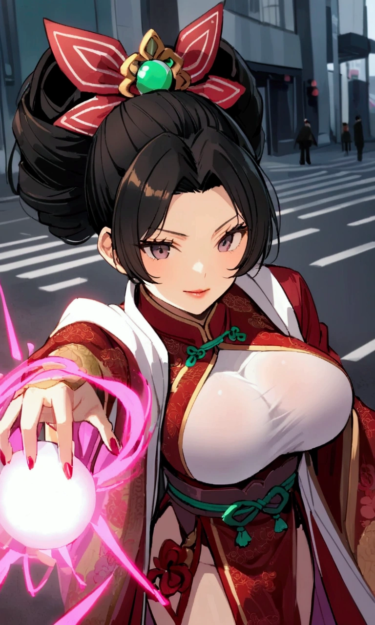 A magical girl (cute woman, age 40, breast over exposed, intricate Chinese robe, fancy Chinese hairstyle) is in a casting action pose, a ball of energy forms up before her, downtown Tokyo
